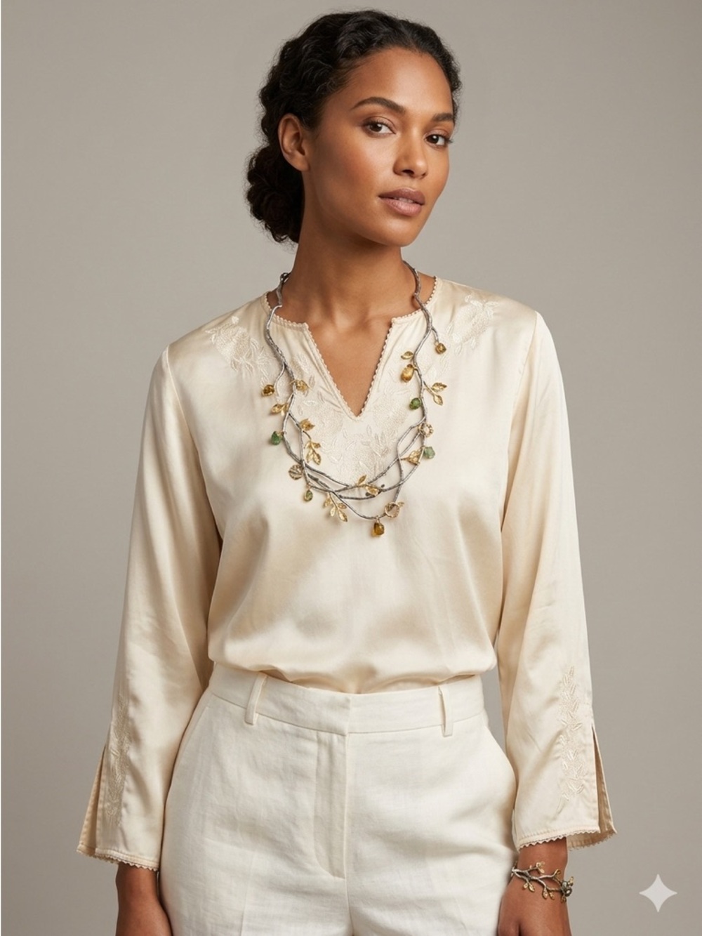 Ninety 100% Silk Ivory Embroidered Blouse Boho Tunic Bell Sleeve Size L - Picture 4 of 11